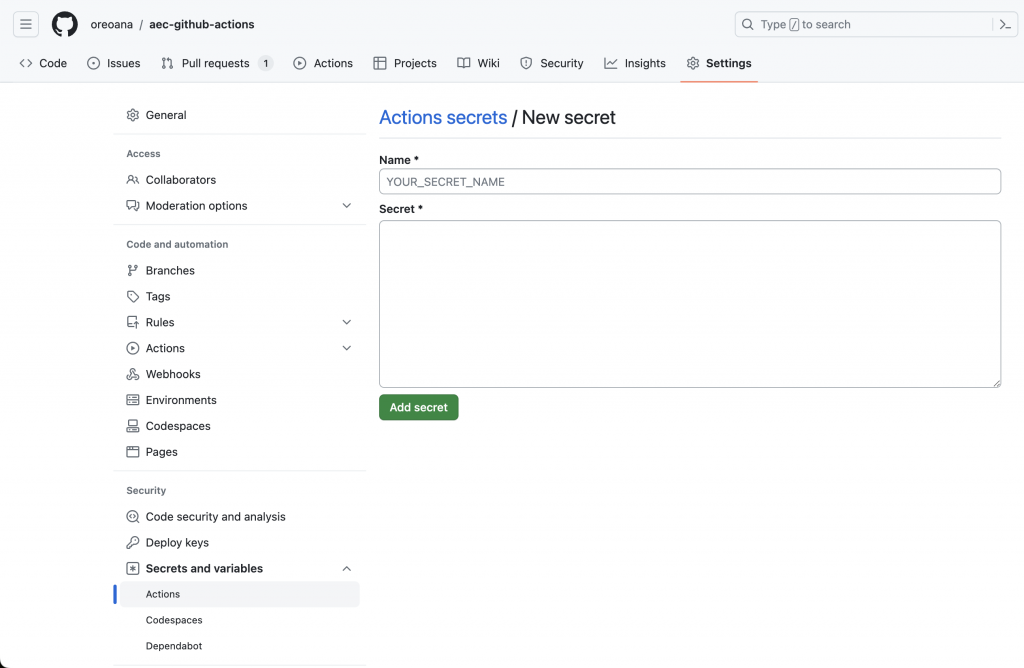 Screenshot of a GitHub page where a secret is being configured for a repository.